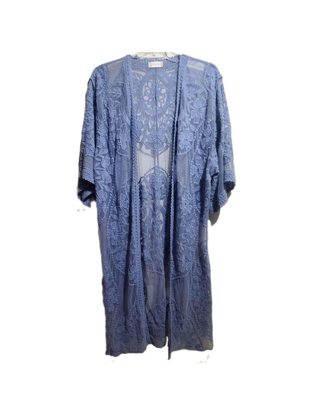 ALTAR'D STATE Romantic Dusty Blue Lace Kimono Duster 3/4 Sleeve Floral Cover Up
